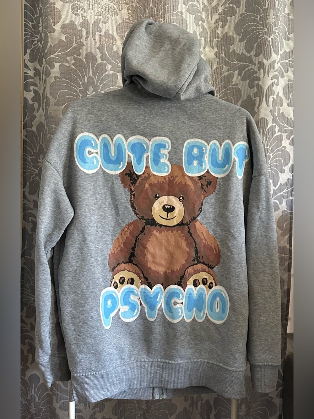 Birch & Stone “Cute But Psycho” Zip Up Teddy Bear Gray Teddy Bear Hoodie Size M